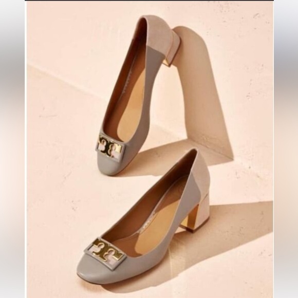 Tory Burch Shoes - Tory Burch Gigi Taupe Gray Heron Leather Logo Block Heel Pump Sz. 8.5